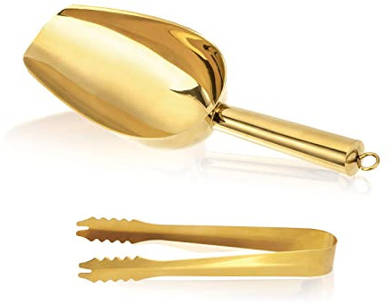 Eisportionierer und Eiszange Set, Edelstahl Mehlschaufel Futterschaufel Abwiegeschaufel Süßigkeitsschaufel für Hochzeit Party Bar Büfett Grill Picknick (Gold)