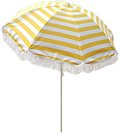 YFZNWHX Parasol De 1,8m con Flecos, Sombrilla De Playa, Protección Solar, Rayas Amarillas Blancas, Toldo Portátil De Poliéster, Varillas De Fibra De Vidrio, Mecanismo Basculante