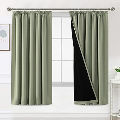 BellaHills 100% Blackout Curtains for Bedroom Thermal Insulated Curtains & Drapes Blackout Curtains Pencil Pleat Curtains for Living Room with Black Liner 2 Panels, 66 x 72 Inch, Light Sage