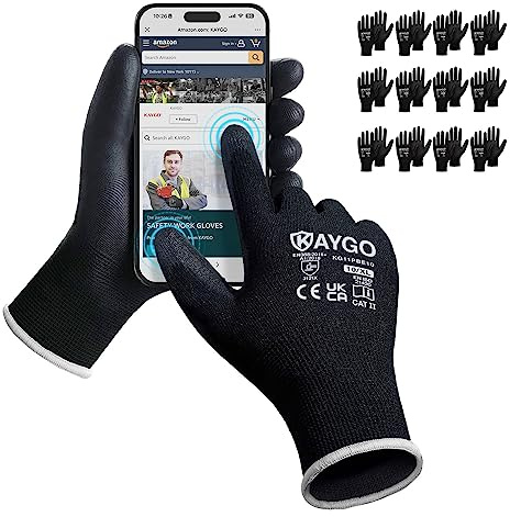 KAYGO 12 Paar Arbeitshandschuhe Touchscreen PU beschichtet, KG11PBE | Schutzhandschuhe, antirutsch Griff an Handflächen und Fingern, Geeignet für DIY Lager Gartenarbeit (Schwarz, XL, Gr 10)