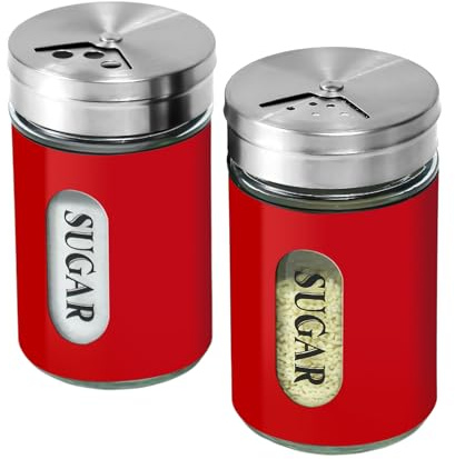 STJKBDFC Lot de 2 sucriers en acier inoxydable et verre avec trous de versement réglables pour bar à café, rouge