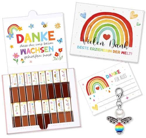 Danke Schokolade Aufkleber Set Abschiedsgeschenk Erzieherin, Regenbogen | Schutzengel Anhänger, Abschiedskarte Erzieherin, Danke Karte Erzieherin, Abschiedsgeschenk Hort, für Kindergarten Kita Lehrer