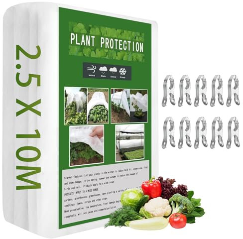 30gsm 2.5*10M Garden Plant Fleece Frost Protection Covers, Horticultural Fleece Cover for Outdoor and Indoor with 10 Clips Plant Frost Protection Fleece Anti Freeze Warming Fleece Jacket for Winter