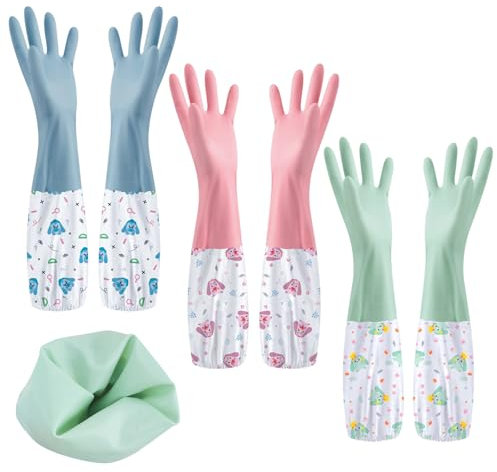 SHAIDOJIO 3 Pairs Washing Up Gloves - 46cm Long Rubber Cleaning Gloves, Waterproof for Kitchen, Bathroom, Laundry, Gardening, Pet Care - 3 Colors