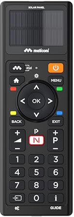 Meliconi, Solar TV, Télécommande Universelle Écologique, sans Piles Jetables, Recharge Solaire ou USB, Fonctionnalités Avancées, Compatible avec la Majorité des Téléviseurs