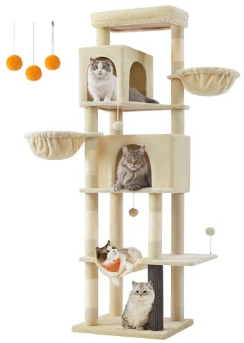 Feandrea Kratzbaum groß, 190,7 cm hoch, XXL, mehrstöckiger Katzenbaum mit 2 Höhlen, 2 Liegemulden, 5 Kratzsäulen, Katzenbürste, große Plattform, sandbeige PCT183Y01