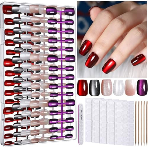 FANDAMEI Cat Eye Press On Nails Short Square, 6 Colors Natural Fake Nails Fine Diamond Shine, Glossy Ombre, Cat Eye Press on Nails for Women with Salon Quality