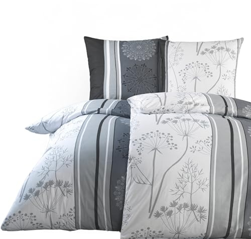 BaSaTex Bettwäsche Set Renforcé, 4-TLG., 135 x 200 cm, Blumen Grau | 100% Baumwolle, Öko_Tex Zertifiziert, Reißverschluss