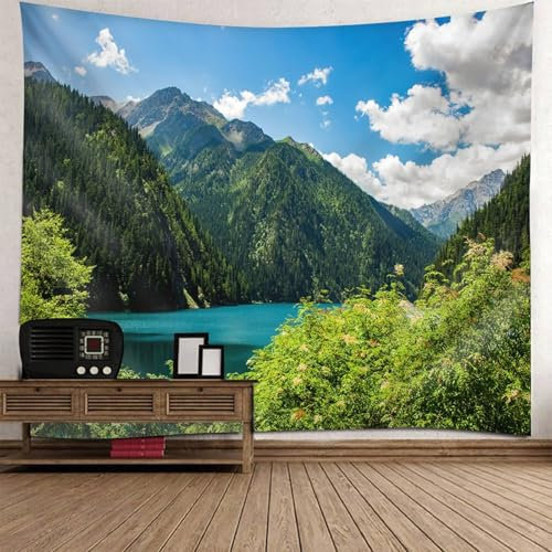 Musihy Berg Wandbehang Wandteppich | Polyester Fluss Berge Bäume Landschaft Wanddeko für Schlafzimmer Wohnzimmer | Grün Blau Weiß, 350x256cm