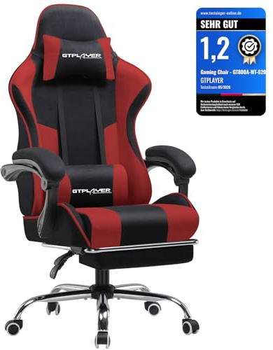 GTPLAYER Gaming Stuhl Stoff, Bürostuhl Massage Gaming Sessel Ergonomischer Gamer Stuhl mit Fußstütze, Gepolstert Gaming Chair, Drehsessel 150KG, rot