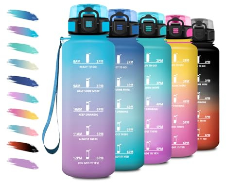 Sportflasche 1.5L, Auslaufsichere Wasserflasche mit Filter, Kohlensäure Geeignet, Wasserflasche mit Zeitmarkierung, Trinkflasche Sport für Fahhrad, Erwachsener, Wandern, Büro, Sprudel, Camping
