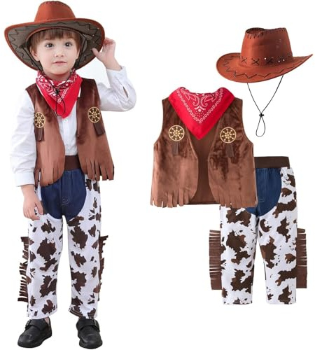 Generico Cowboy Costume Bambino Vestito Cowboy Bambino con Cappello per Bimbo e Bambino per Festa Halloween Natale Carnevale cowboy travestimenti Accessori per Bambini Ragazze Marrone