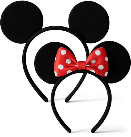 Pack of 2 Mickey & Minnie Mouse Ears Headband for Couple, Birthday, Halloween, Party Accessories, Adults Children Cartoon Character Ears Head Band Fancy Dress Costume (Mickey & Minnie Headband)
