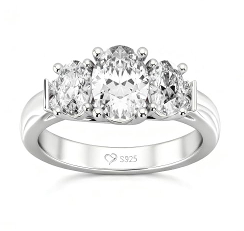Jeulia Classic Moissanite Three Stone Ring - 925 Sterling Silver Oval Cut | Engagement/Wedding/Promise Ring for Women, Simulated Diamond, Anniversary/Valentine Jewelry With GiftBox
