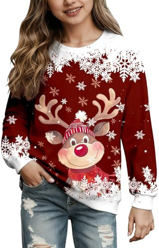 Mädchen Weihnachtspullover Merry Christmas Sweatshirt Lustig Weihnachts Pullover Freizeit Christmas Sweat Rundhals Weihnachtspulli Langarmshirt mit Weihnachtsmotiv Große Größen Weihnachtspulli