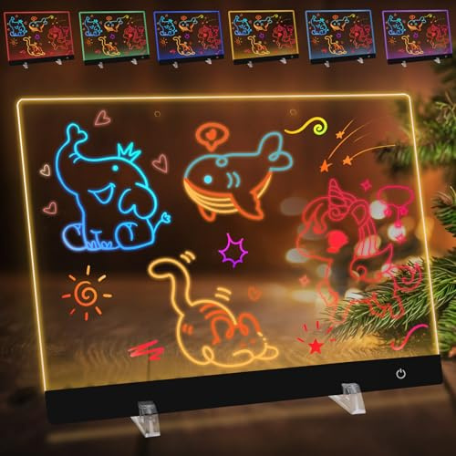 Tableau Lumineux, 35x25cm Tableau Acrylique Lumineuse Message LED, 5 Modes & 6 Colorés Tableaux Magique, Tablette lumineuse Dessin, Tablette D'écriture avec 7 Stylos Colorés/Chaîne/Support