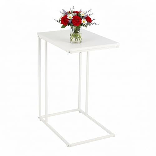 Relaxdays Beistelltisch, HxBxT: 64 x 50 x 35 cm, MDF, Eisen, C-Form, Sofatisch zum Unterschieben, Wohnzimmer, weiß