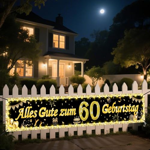 Seutgjie 60. Geburtstag Deko Geburtstagsbanner mit LED Licht 40 * 270CM | Banner 60 Geburtstag Frau Mann Hintergrund Dekoration Gold Schwarz
