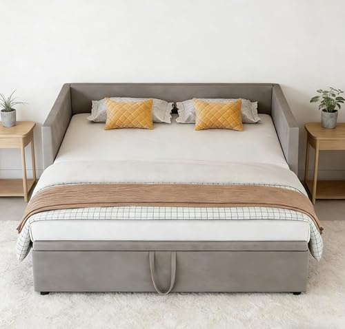 Lietre Schlafsofa 90/180 x 200 cm, Ausziehbares Schlafsofa mit Lattenrost, ausziehbares Schlafsofa für Wohnzimmer (Samt) (Grau)