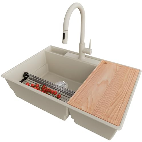 PRIMAGRAN Lavandino da Cucina al Mobile 80cm + Rubinetto, 78x53cm | Set: Rubinetto BW9010 + Kit di scarico + Lavello in Granito a 2 vasche - Parigi Chef, Beige