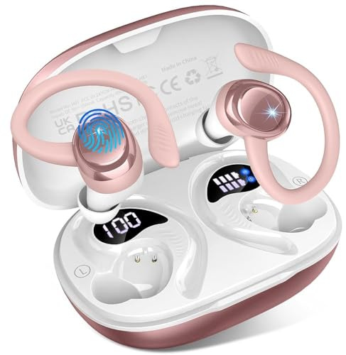 Bluetooth 5.4 Kopfhörer Sport, 2025 In Ear Kopfhörer Kabellos Bluetooth mit 6D Stereo/4 ENC Mic, 50H Noise Cancelling Ear buds, Over-Ear Sportkopfhörer mit Ohrhaken, IP7 Wasserdicht Ohrhörer für Sport