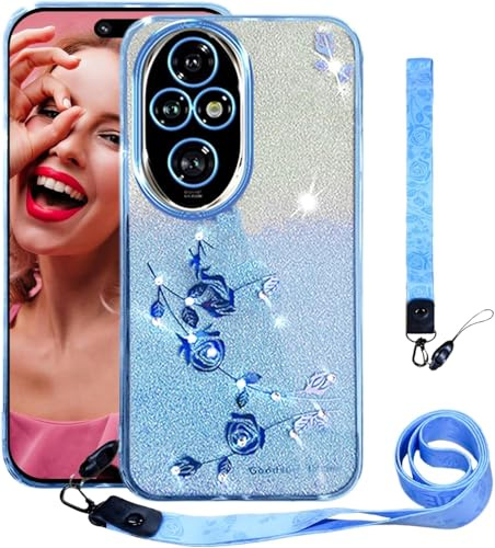 PONRFEKT Funda Brillante con Purpurina para Motorola Moto E40 con Correa y muñequera,Funda Transparente Fina con Diamantes,Carcasa Protectora Bonita para Mujeres y niñas-Azul