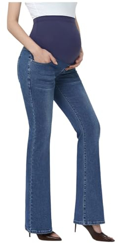 Jydiazi dam mammabyxor jeans med hög midja stretch utsvängda jeans graviditetsbyxor med fickor, blå, M