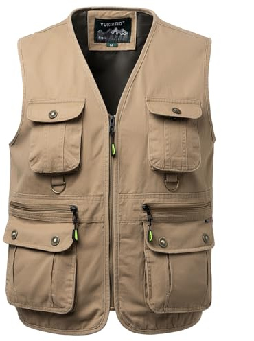 Yukirtiq Chaleco de Pesca Hombre Multibolsillos Chalecos de Caza Safari Chaleco de Fotografo Trabajo, Caqui, M