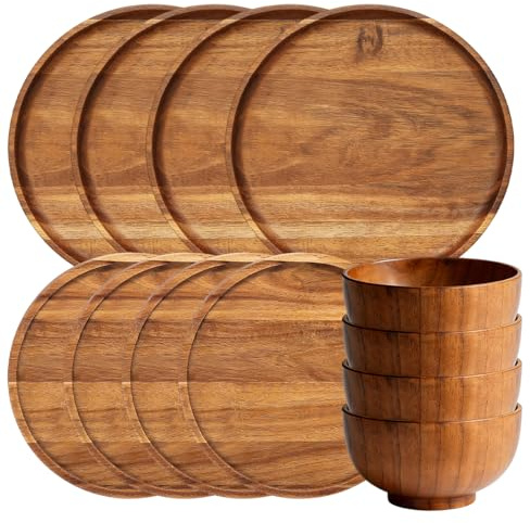 12 Pcs Wood Dinnerware Set,8 Inch 10 Inch Round Wooden Plates and wooden bowl,4 Person Set of Wooden Dinner Ware Set for Main Meals,Snacks and Desserts