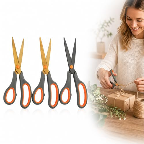 Titanbelagd premiumsax, set om 3, ultravassa blad av rostfritt stål, ergonomiskt gummihandtag, perfekt för hantverk, kontor och skola, mångsidig, 20,5 cm
