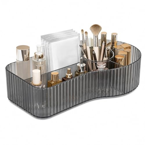 Ziyonix Organizador de maquillaje con 5 compartimentos, gran almacenamiento de cosméticos, organizador de maquillaje, para pinceles, lápiz labial y skincare, tocador baño y dormitorio (Gris)