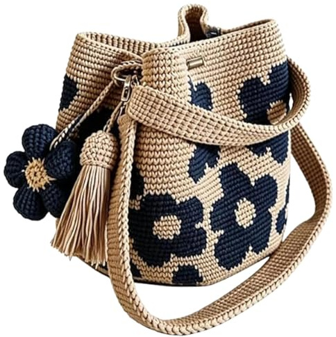 Borse a crochet per donne, borsa tote boho fatta a mano con fiori, borsa tote in maglia, per gita in spiaggia, shopping quotidiano, vacanza estiva, spaziosa e leggera, regalo unico, Blu, Refer to