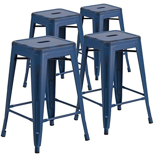 Flash Furniture Commercial Grade 4 Pack 61 cm hoch rückenfrei Metall Innen- und Außenbereich Thekenhöhe Hocker, Kunststoff, Eisen, Antikblau, 4 Stück