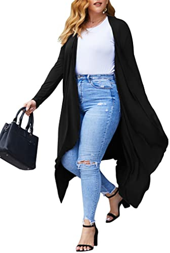 Women's Plus Size Long Sleeve Waterfall Asymmetric Drape Open Long Maxi Cardigan (Black, XXXL)