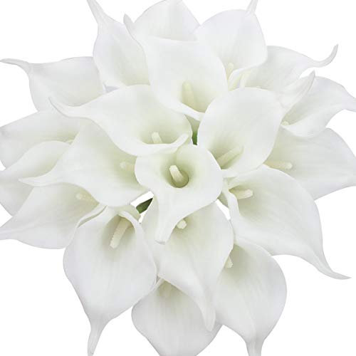 Veryhome 20 Pcs Calla Lily Bridal Bouquet of Flowers Artificial Flower Head Latex Real Touch Home,Party,Wedding Decoration (White-White)