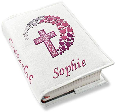 Gotteslob Gotteslobhülle Kreuz Herzen pink Filz mit Namen bestickt hellgrau weiß dunkelgrau blaugrau dunkelblau türkis maigrün flieder, Farbe:weiß
