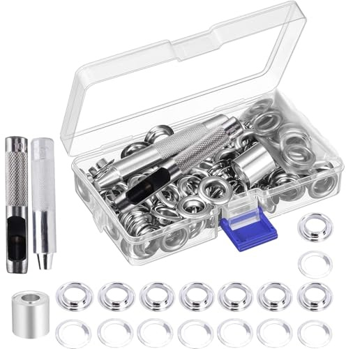 100 Sätze Ösen Werkzeug Set, Ösen Scheiben Ösenzange Kit, 10mm (2/5 Zoll) Metall Tülle Ösen Grommets Setzwerkzeug Ösenzange mit Stanzwerkzeug für Plane, Markisen, Leder, Vorhang