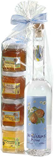 Geschenkset aus dem Allgäu | 200ml Williams-Christ Birnenbrand aus ausgewählten Früchten | Fruchtaufstriche-Honig Geschenkset | Handgemachte Fruchtaufstriche | Garantiert Deutscher Honig (200ml+4x50g)