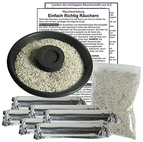 RÄUCHERSCHALE 10cm zum RÄUCHERN & AUSRÄUCHERN mit ZUBEHÖR für jedes RÄUCHERWERK & WEIHRAUCH. 9-tlg Räucher SET. Naturstein Schale + 60 x Räucherkohle + Räuchersand + Räucheranleitung. 81589-S10