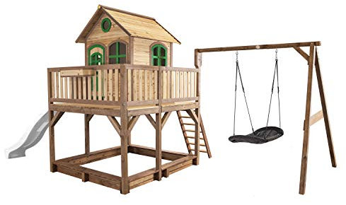 AXI Liam Maison Enfant avec Bac à Sable, Balançoire nid d'oiseau Noir & Toboggan Blanc | Aire de Jeux pour l'extérieur en Marron & Vert | Maisonnette/Cabane de Jeu en Bois FSC