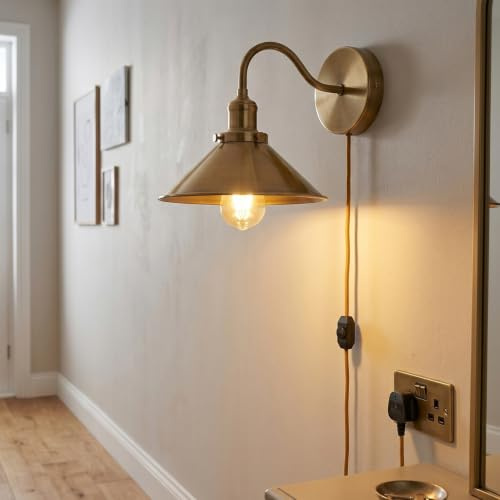 LEDSone Antique Brass Wall Sconce Plug in with Cord (Yellow Brass) | Industrial Gooseneck Wall Light Dimmer Switch | Vintage Wall Lamp Bedroom Headboard Living Room