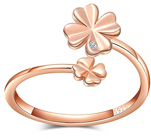 CPSLOVE Damen Mädchen Klee Ringe, 925 Silber ringe, Eingelegter Zirkon, Schwanzring, Eleganter Kleering, Ringe öffnen, Einstellbare Größe, Hochzeitsring, Verlobungsring