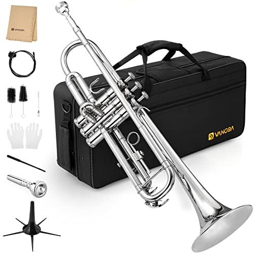 Vangoa Trumpet Bb Standard Student for School Band Brass Orchestra Adult Kid Beginner with Stand, Hard Case, Cleaning Kit, Gloves and 7C Mouthpiece, Silver