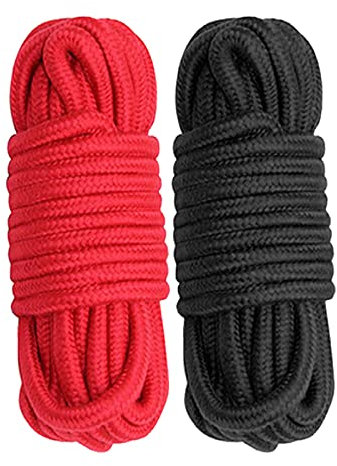 Cosymate Soft Cotton Rope Binding Rope All Purpose Thick Cotton Twisted Knot Tying Rope, 8mm Diameter, 5m Long, Pack of 2, Black and Red