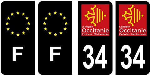 Hadexia Nummernschild-Aufkleber, französisches Departement 34, Hérault, Logo, Region Okzitanien, Schwarz, Farbe & F, Frankreich, Europa
