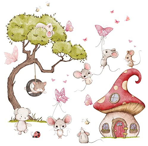 Little Deco Wandsticker Wandtattoo Kinderzimmer Mädchen Mäuse Wandaufkleber Katze Wandbild Mädchenzimmer Hund Pilz Haus Rosa Schaukel Wanddeko Schmetterlinge DL739-4