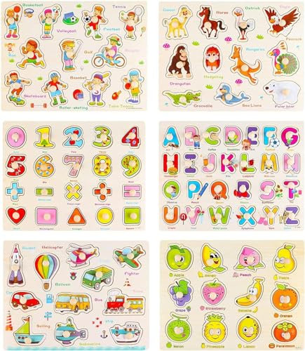 KABENFIS 6-teiliges Holzpuzzle-Set Alphabet, Zahlen, Tiere, Früchte, Fahrzeuge und Sportlernpuzzle für Kinder, Jungen und Mädchen