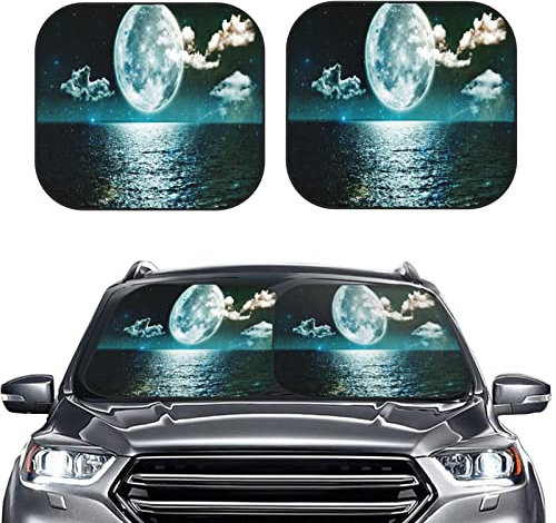 Sonnenschutz Auto Frontscheibe Schwarze Faltbar Motiv Nachthimmel Meer Mond Auto Scheibenabdeckung Sommer Auto Sonnenschutz Auto Zubehör Sonnenschutz 2-teilig 74x60cm mit Aufbewahrungstasche