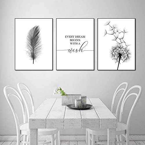 Trayosin 3er Set Premium Design-Poster Set Schwarz Weiß Pusteblume Feder Leinwand, Abstrakte Löwenzahn Blume Wandbild Print Bilder Kunstposter für Wohnzimmer Deko Ohne Rahmen (B,50x70cm)