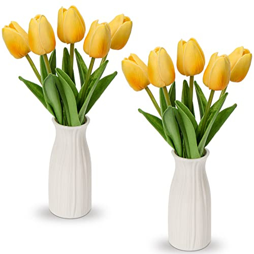 Briful Kunstblumen Künstliche Tulpen Blumen Wie Echt Real Touch Tulpen, Höhe 30 cm, mit Vase aus Keramik, Deko Kunstpflanze (Gelb)